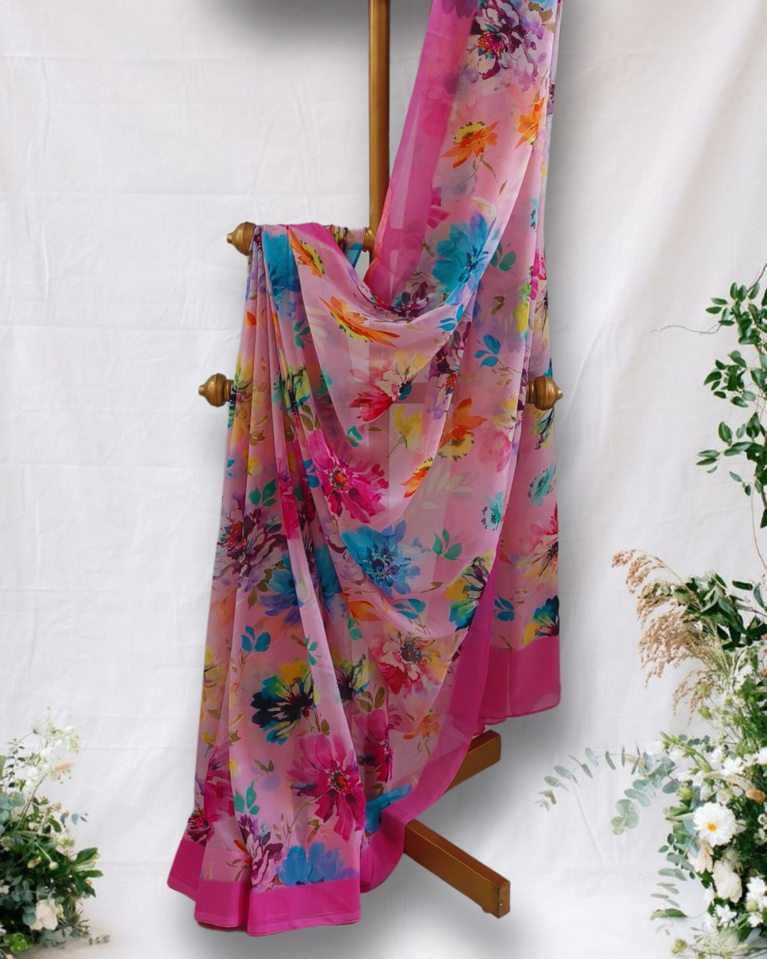 Pure Chiffon Digital Print Saree – Pink Floral Saree with Blouse Piece
