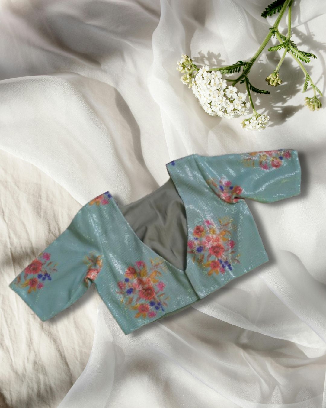 Sky Blue Floral Sequin Blouse – Adjustable Fit (S to XXL) | Festive Wear