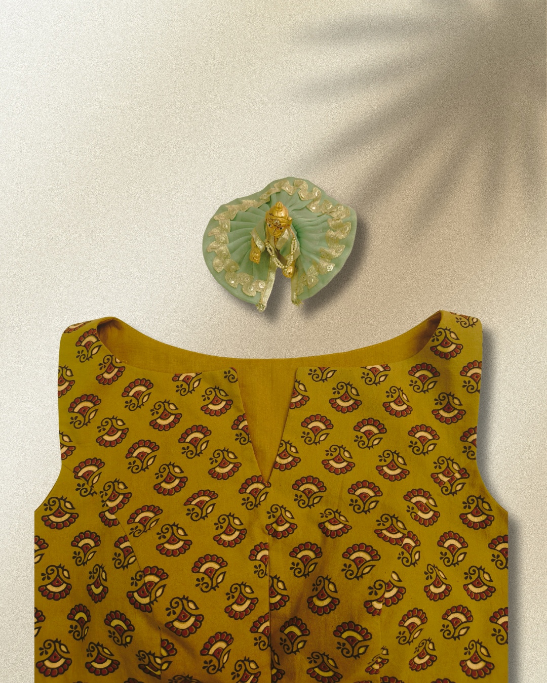 Mustard Yellow Handblock Cotton Blouse – High Back Neck with Front Zip | Size M (Alterable up to XL)