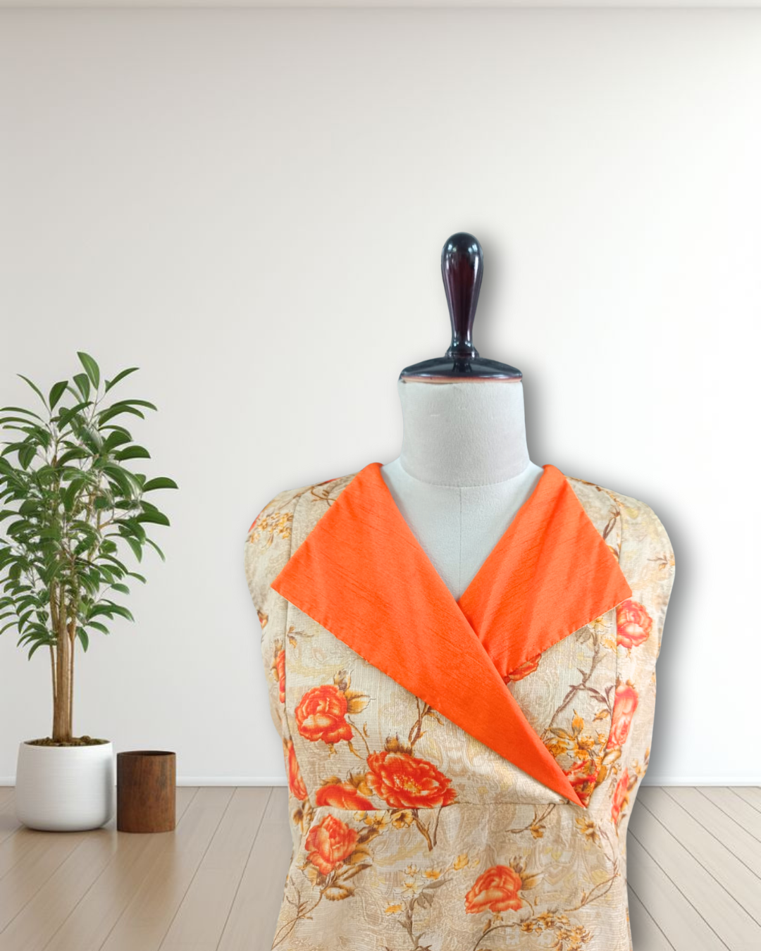 Floral Beige and Orange Synthetic Dress