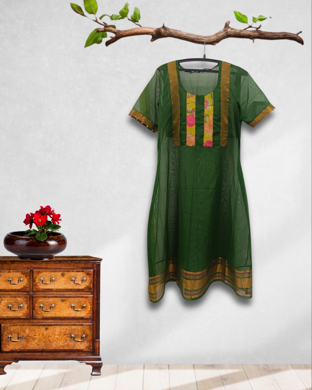 Mom & Daughter Duo Set β Green Narayanpet with Silk applique work