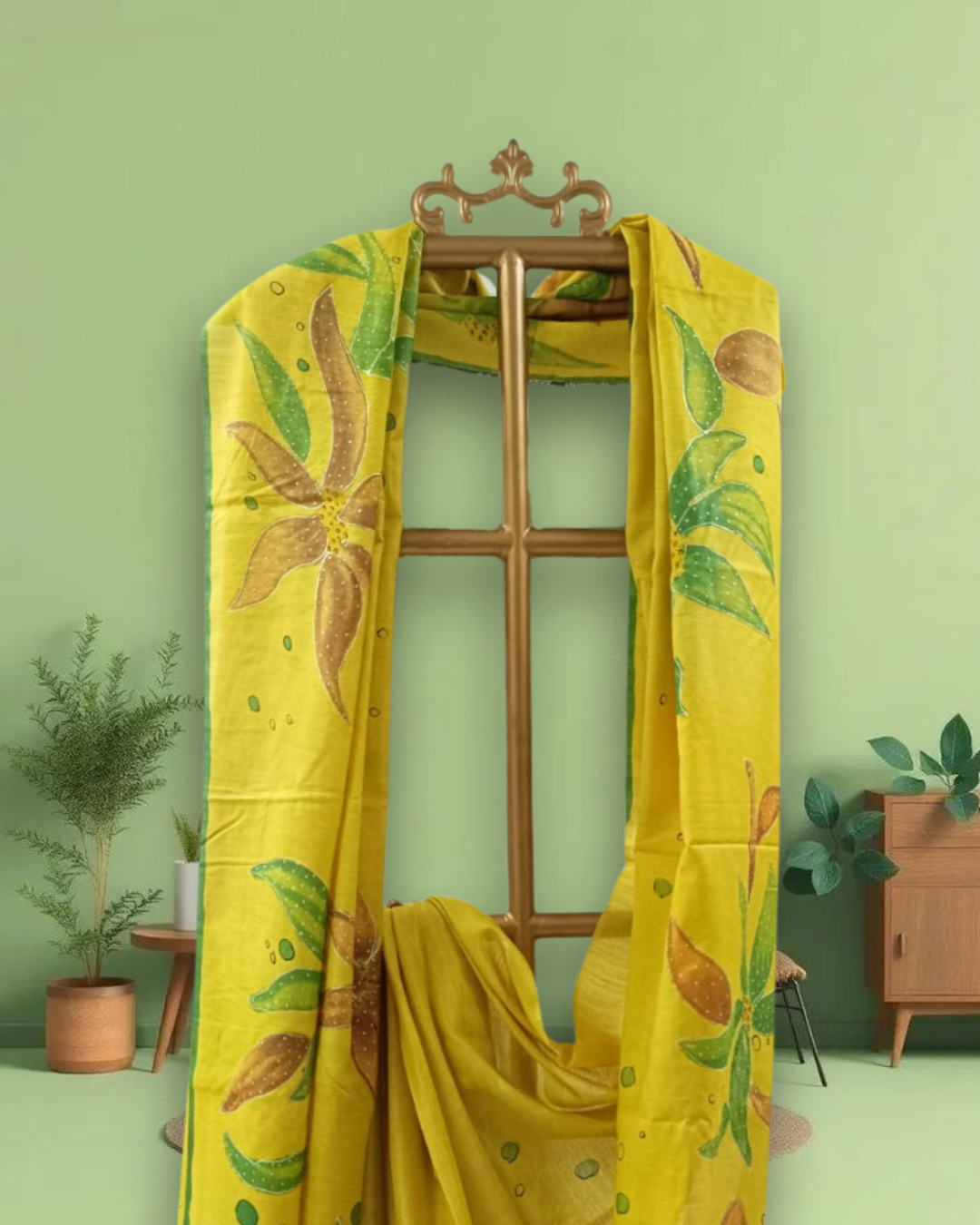 Sunny Yellow Munga Silk Saree with Handpainted Floral Design