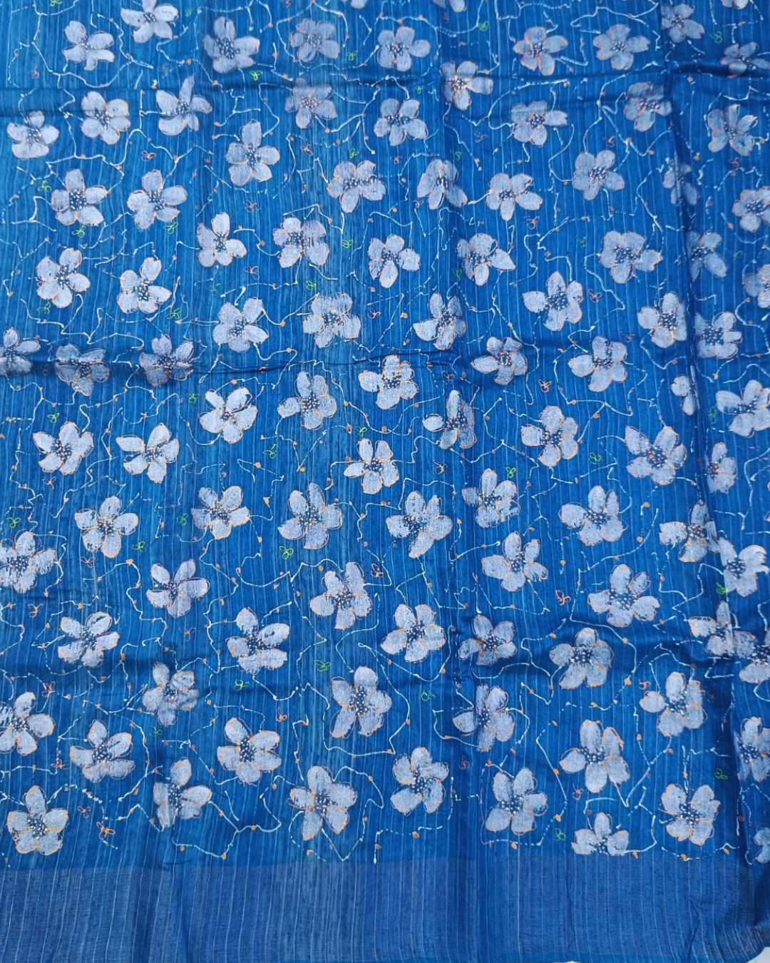 Midnight Blue Matka Silk Saree with Silver Floral Motifs