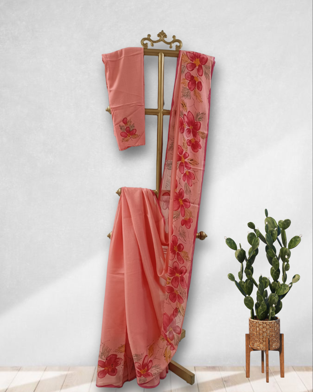 Coral Pink Chiffon Saree with Handpainted Florals & Banana Fabric Blouse