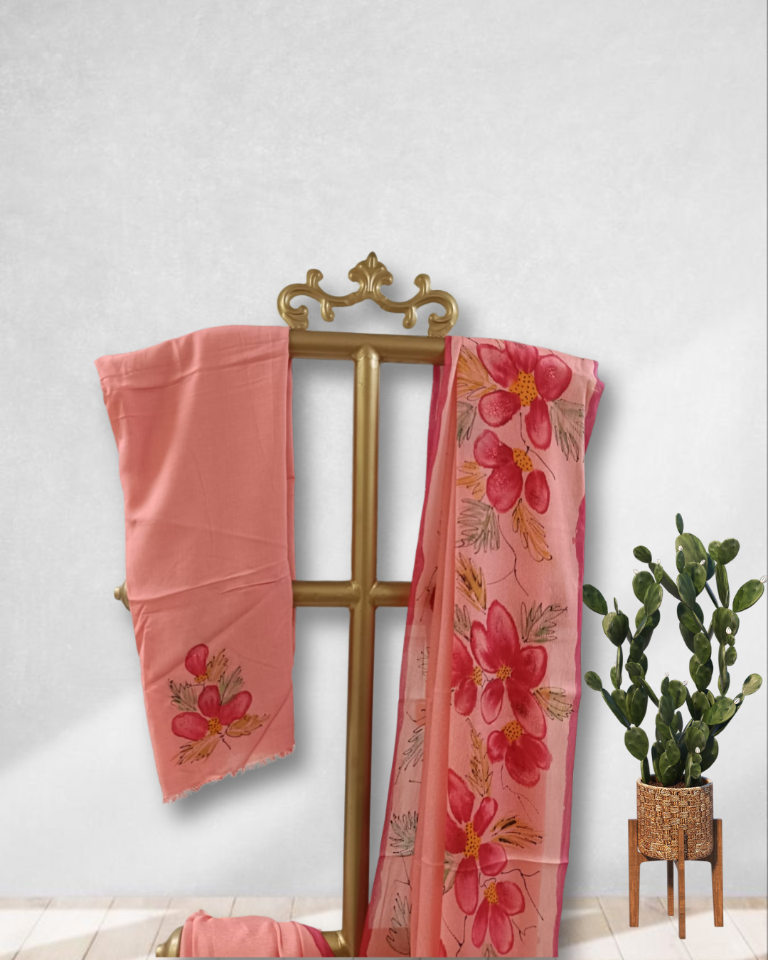 Coral Pink Chiffon Saree with Handpainted Florals & Banana Fabric Blouse