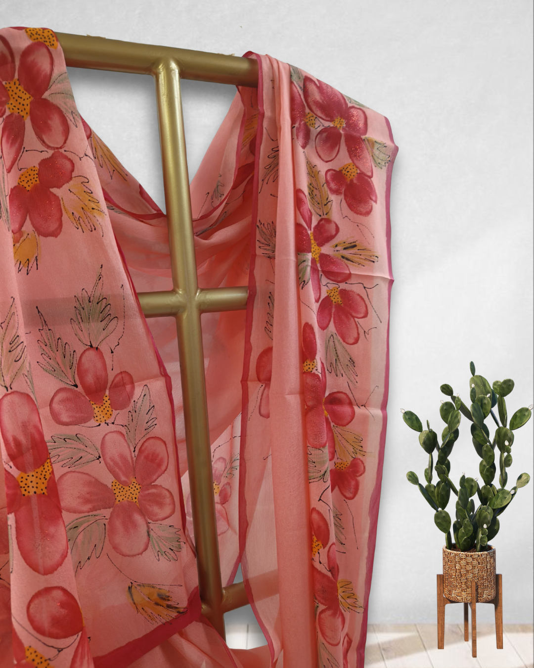 Coral Pink Chiffon Saree with Handpainted Florals & Banana Fabric Blouse
