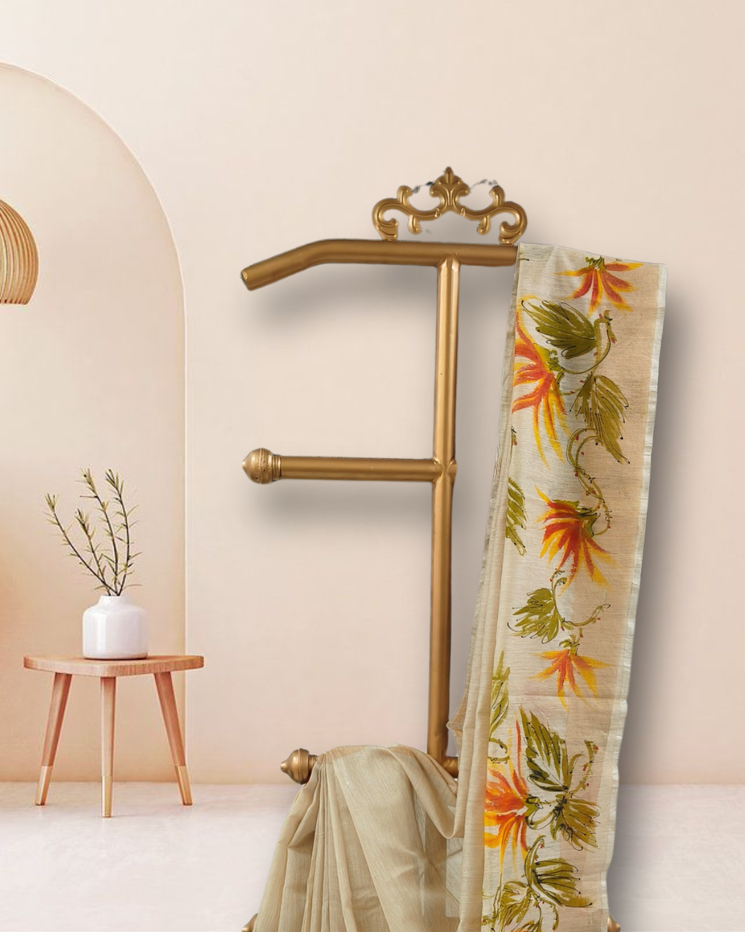 Cream Matka Silk Saree with Handpainted Floral Border