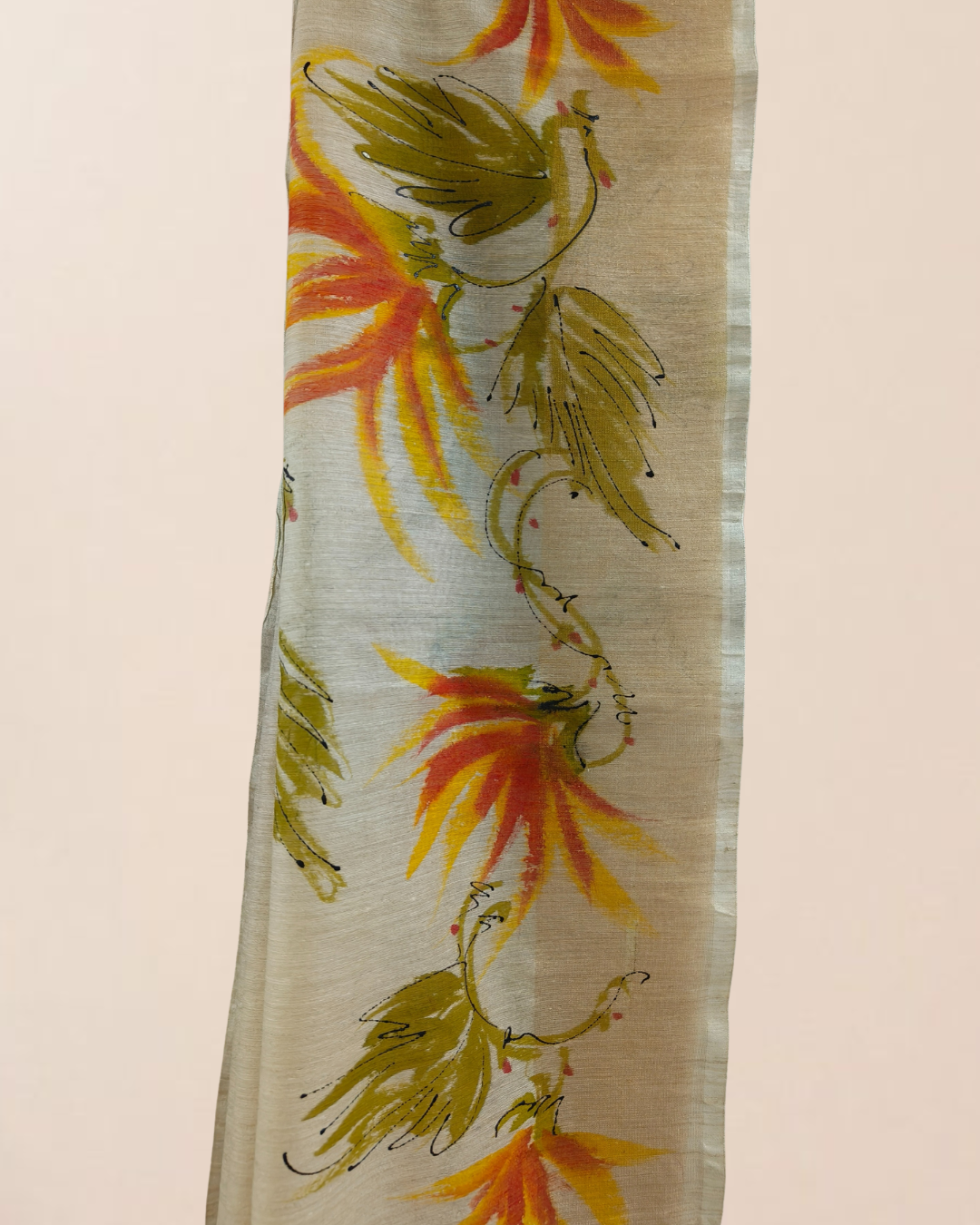 Cream Matka Silk Saree with Handpainted Floral Border