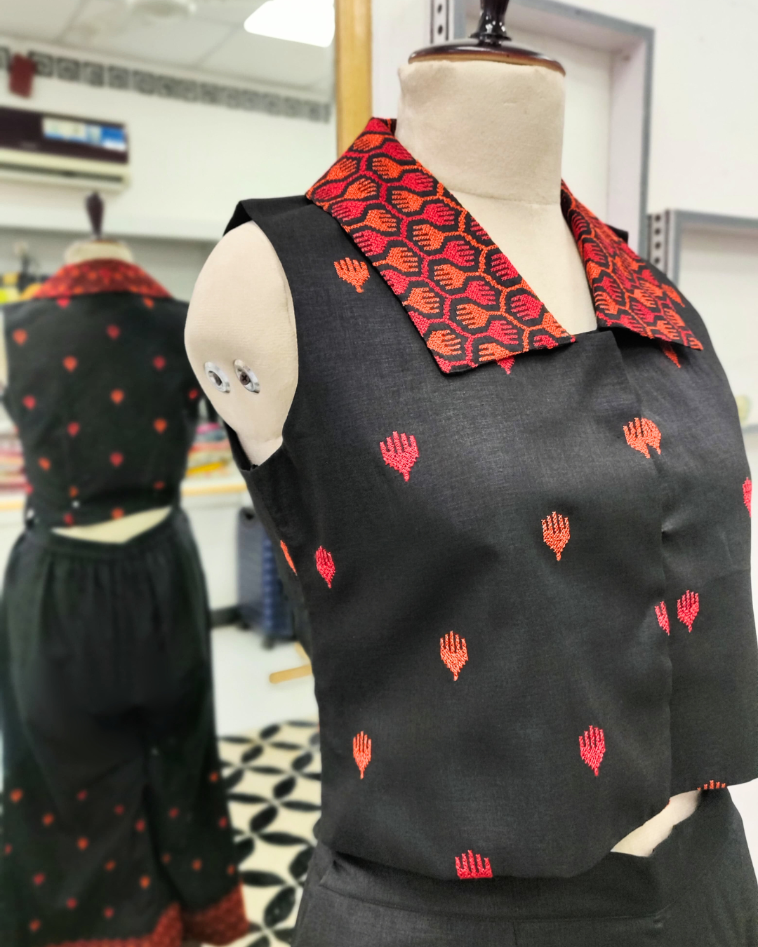 Black Red Kutch Work Co-ord Set – Vest Coat & Wide-Leg Bottoms