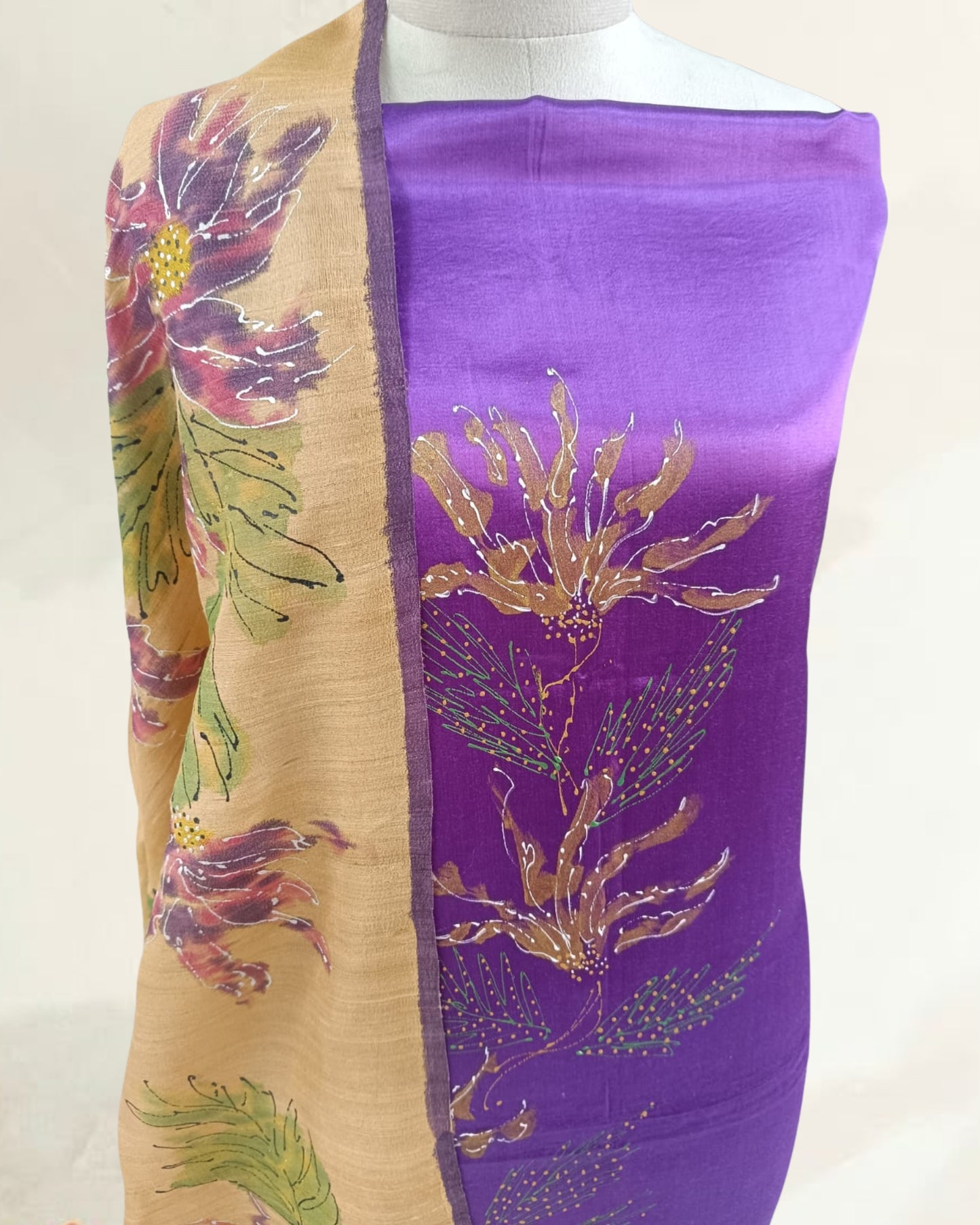 Hand-Painted Satin Crepe Dress Material Set with Tussar Silk Dupatta – Purple & Mustard Floral Design