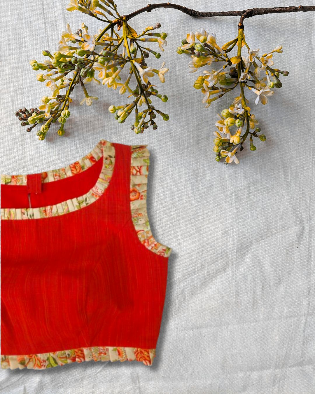 orange Sleeveless Blouse with Floral Trim – Pure Cotton | Adjustable Fit (S to XXL)
