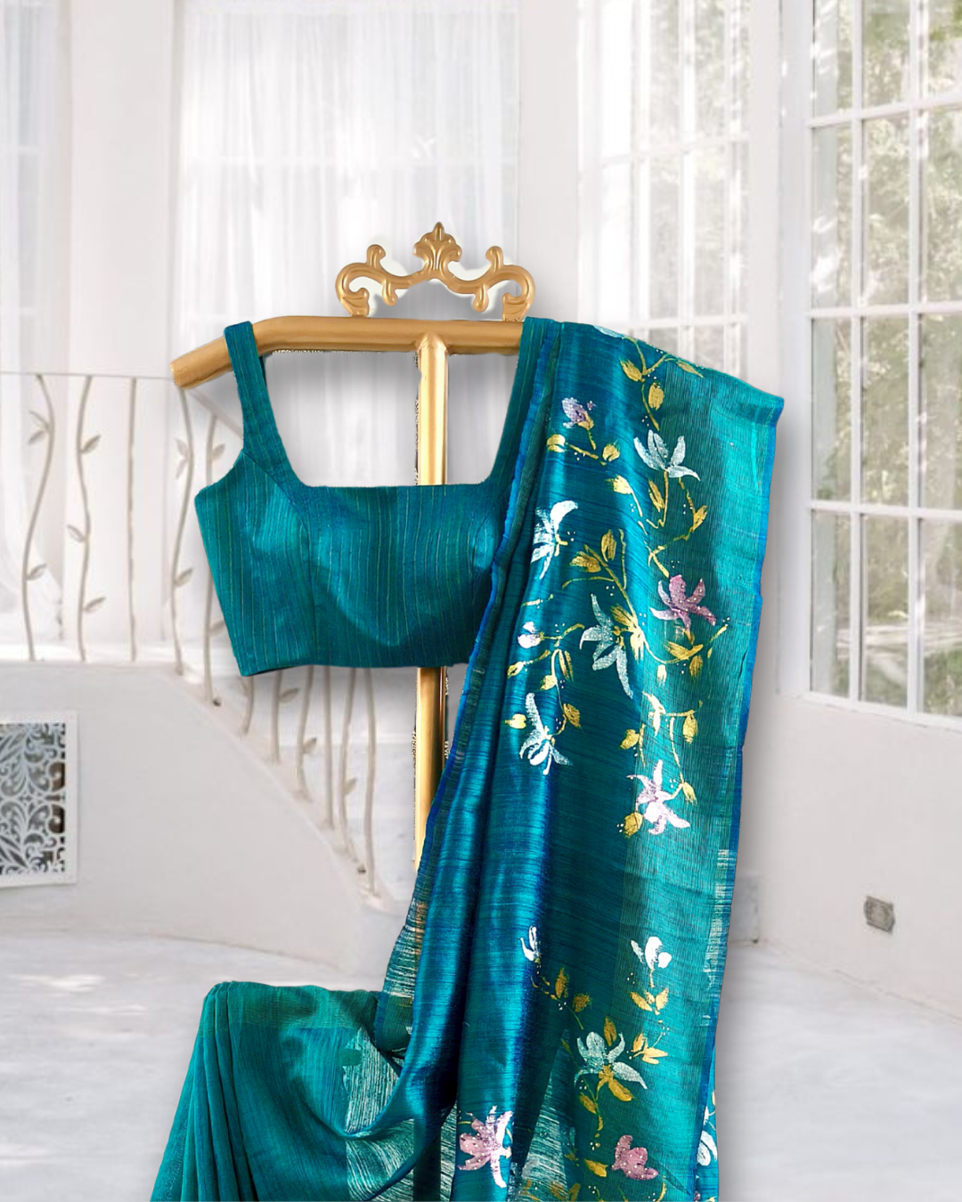 Teal Blue Hand-Painted Silk Saree – Floral Design with Blouse Piece