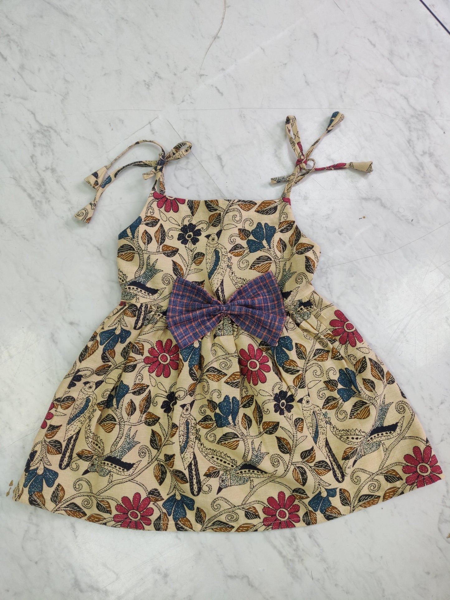 Handcrafted Baby Frock with Shoulder Ties & Bow – Multicolor Floral Print (3-6 Months)