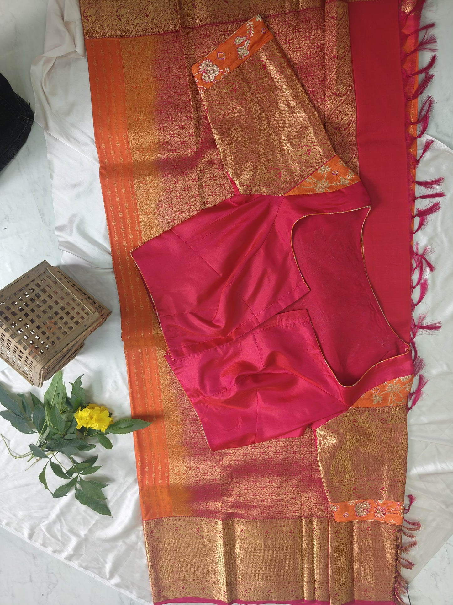 Orange & Pink Silk Saree with Rich Gold Zari