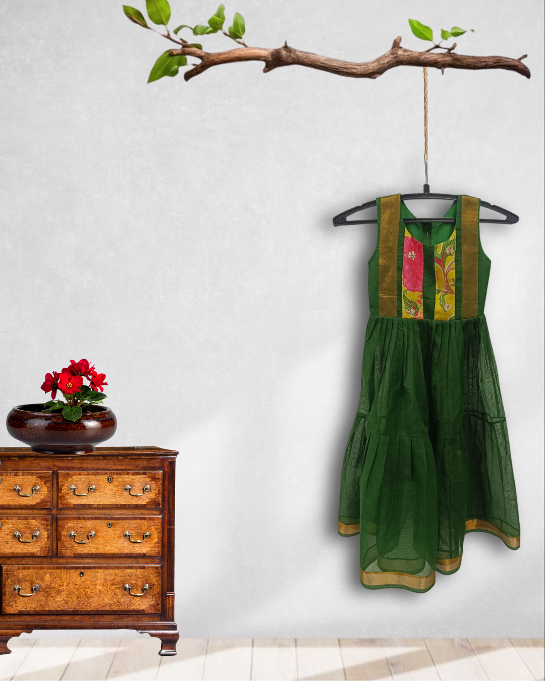 Mom & Daughter Duo Set β Green Narayanpet with Silk applique work