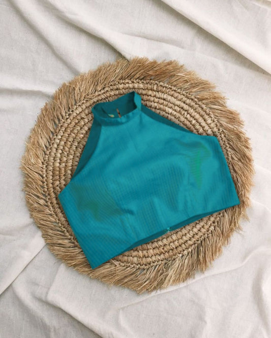 Teal Blue Halter Neck Blouse – Adjustable Size S to XXL (Crepe Fabric)