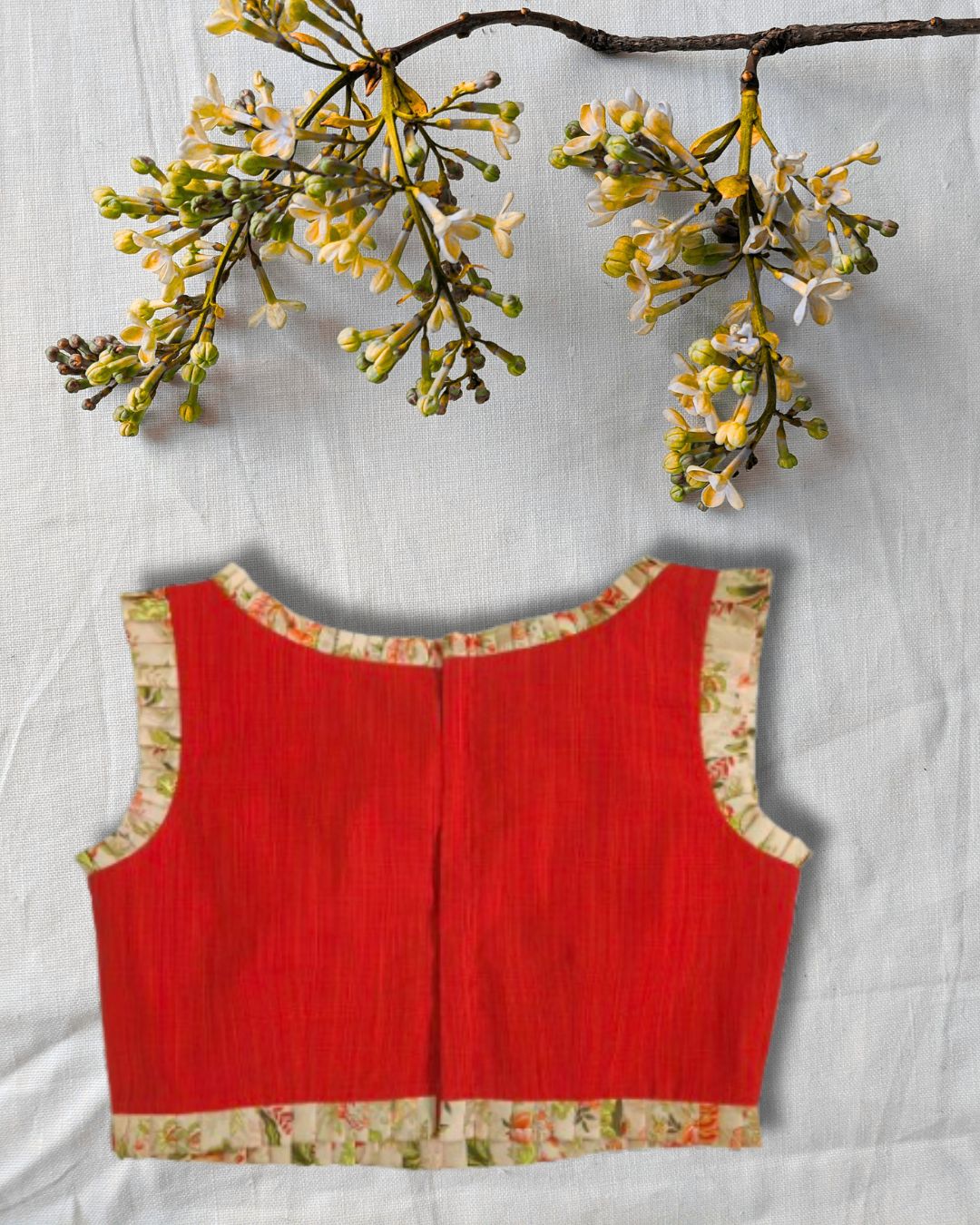 orange Sleeveless Blouse with Floral Trim – Pure Cotton | Adjustable Fit (S to XXL)