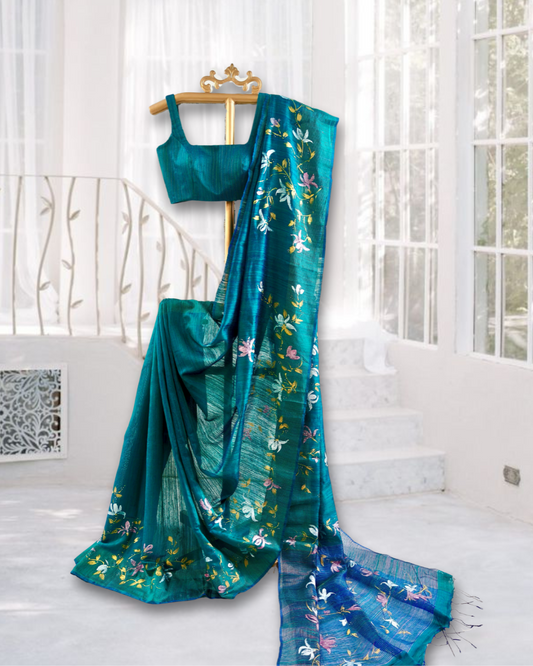 Teal Blue Hand-Painted Silk Saree – Floral Design with Blouse Piece