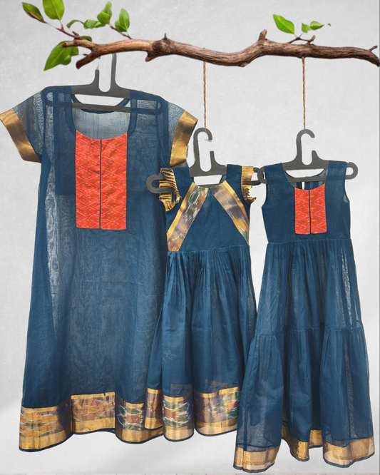Mom & Daughters Narayanpet Family Set with Ikat Appliqué