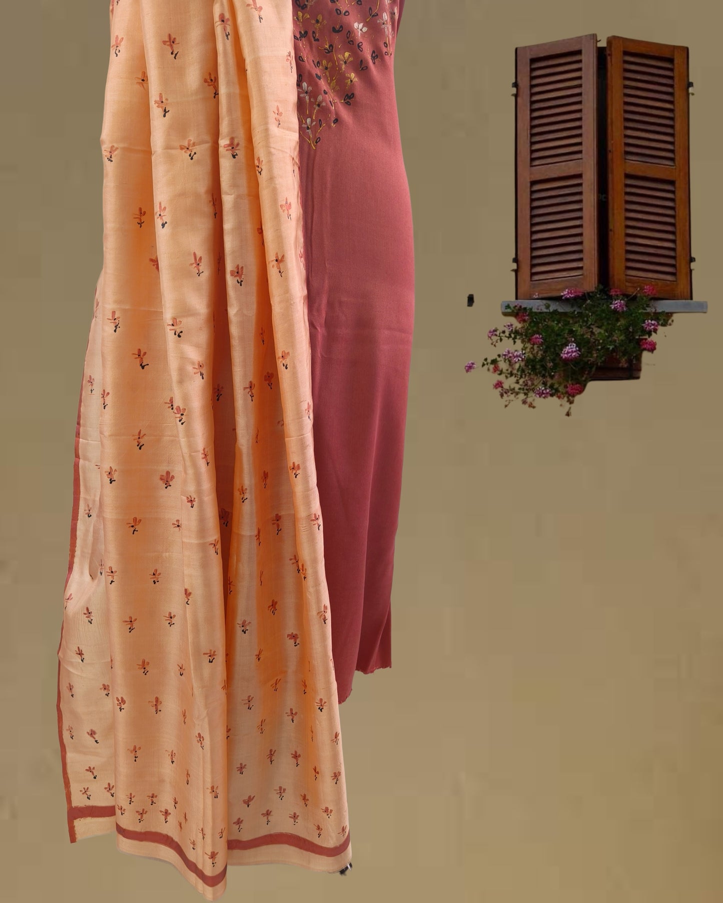 Hand-Painted Moonga Silk Dress Material Set with Tussar Silk Dupatta – Elegant Festive Wear