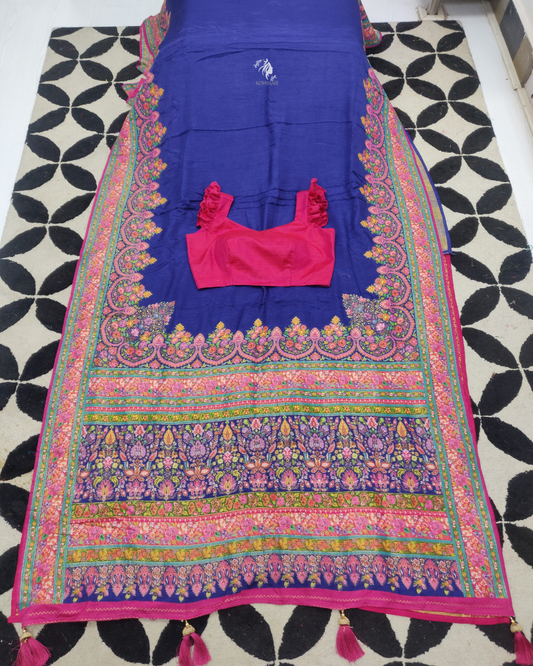 Royal Blue Crepe Satin Saree with Multicolor Woven Border & Tassels