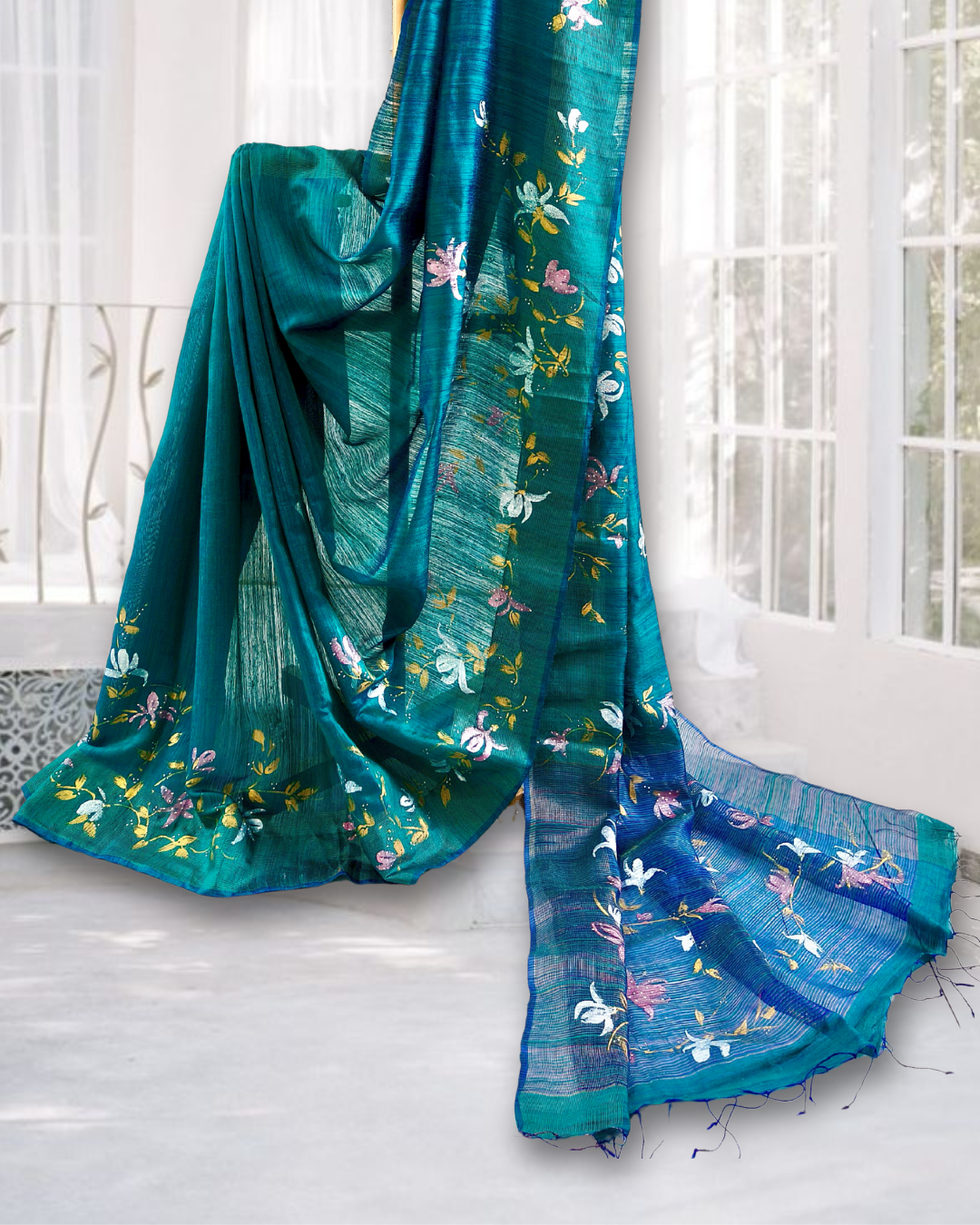Teal Blue Hand-Painted Silk Saree – Floral Design with Blouse Piece