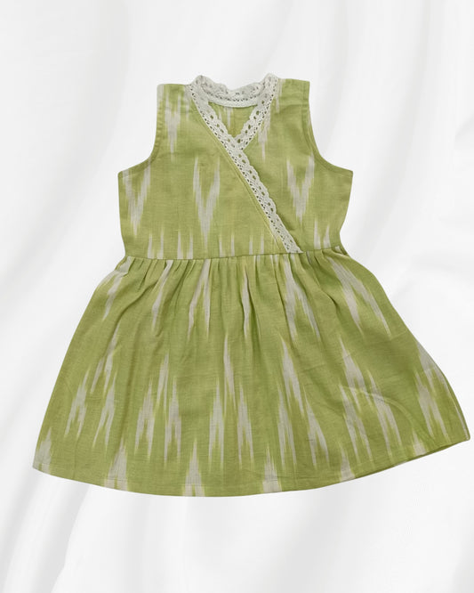Green Ikat Baby Dress with Lace Trim – Soft Cotton (3-6 Months)