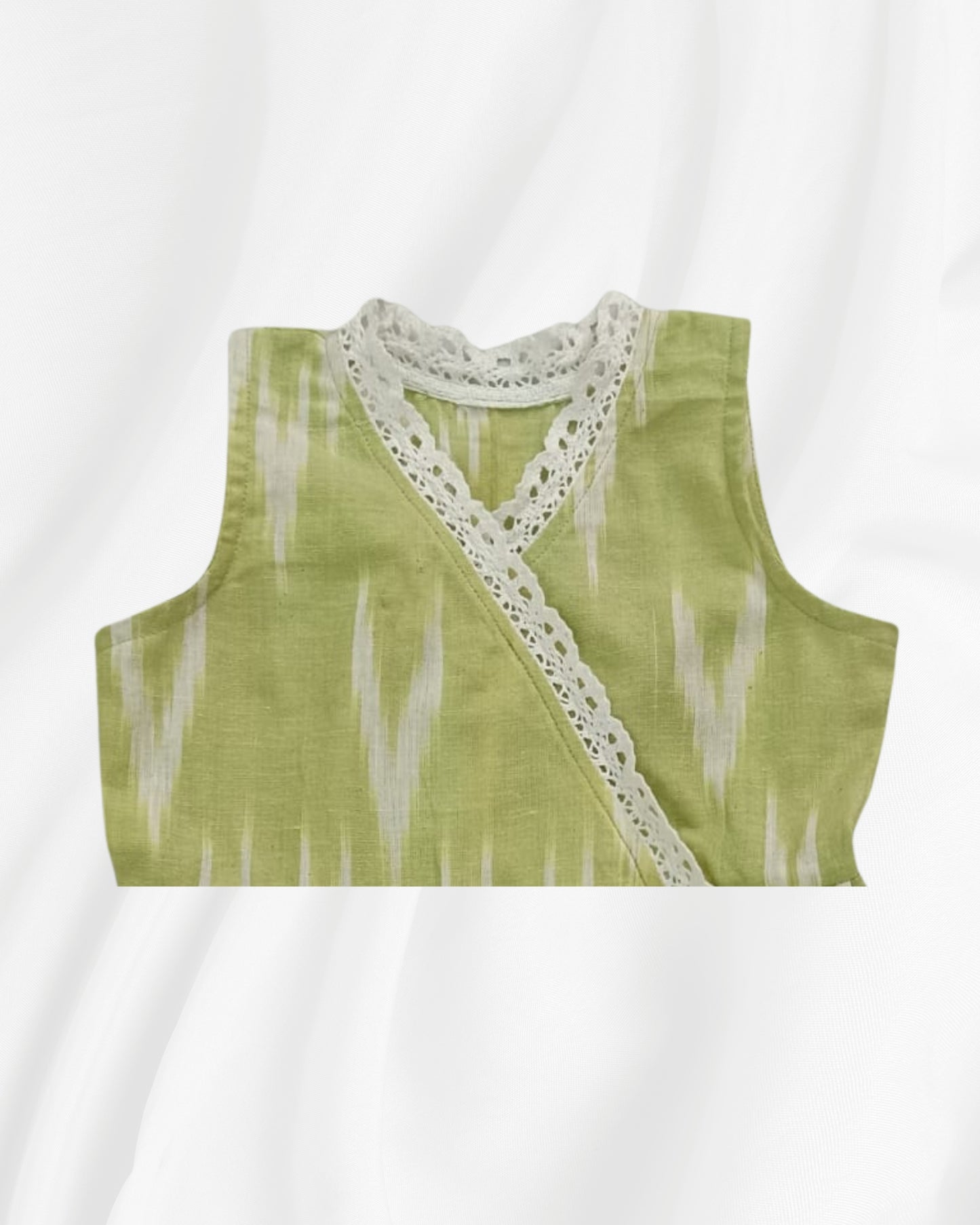 Green Ikat Baby Dress with Lace Trim – Soft Cotton (3-6 Months)
