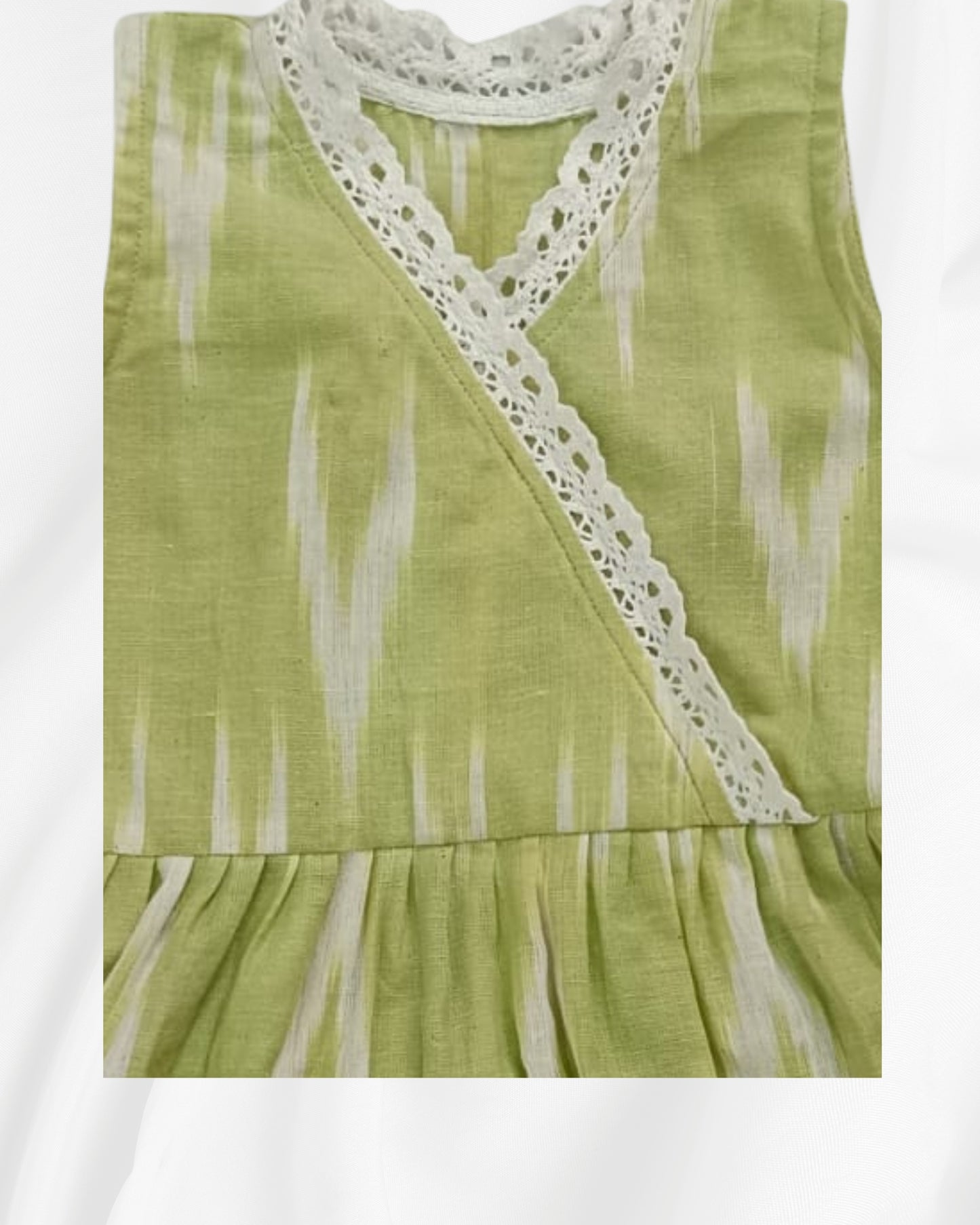 Green Ikat Baby Dress with Lace Trim – Soft Cotton (3-6 Months)