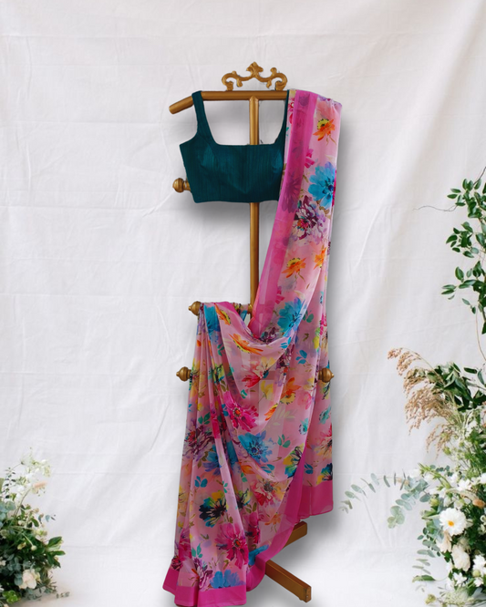 Pure Chiffon Digital Print Saree – Pink Floral Saree with Blouse Piece