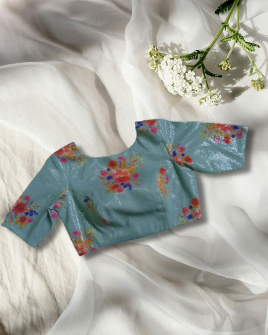 Sky Blue Floral Sequin Blouse – Adjustable Fit (S to XXL) | Festive Wear