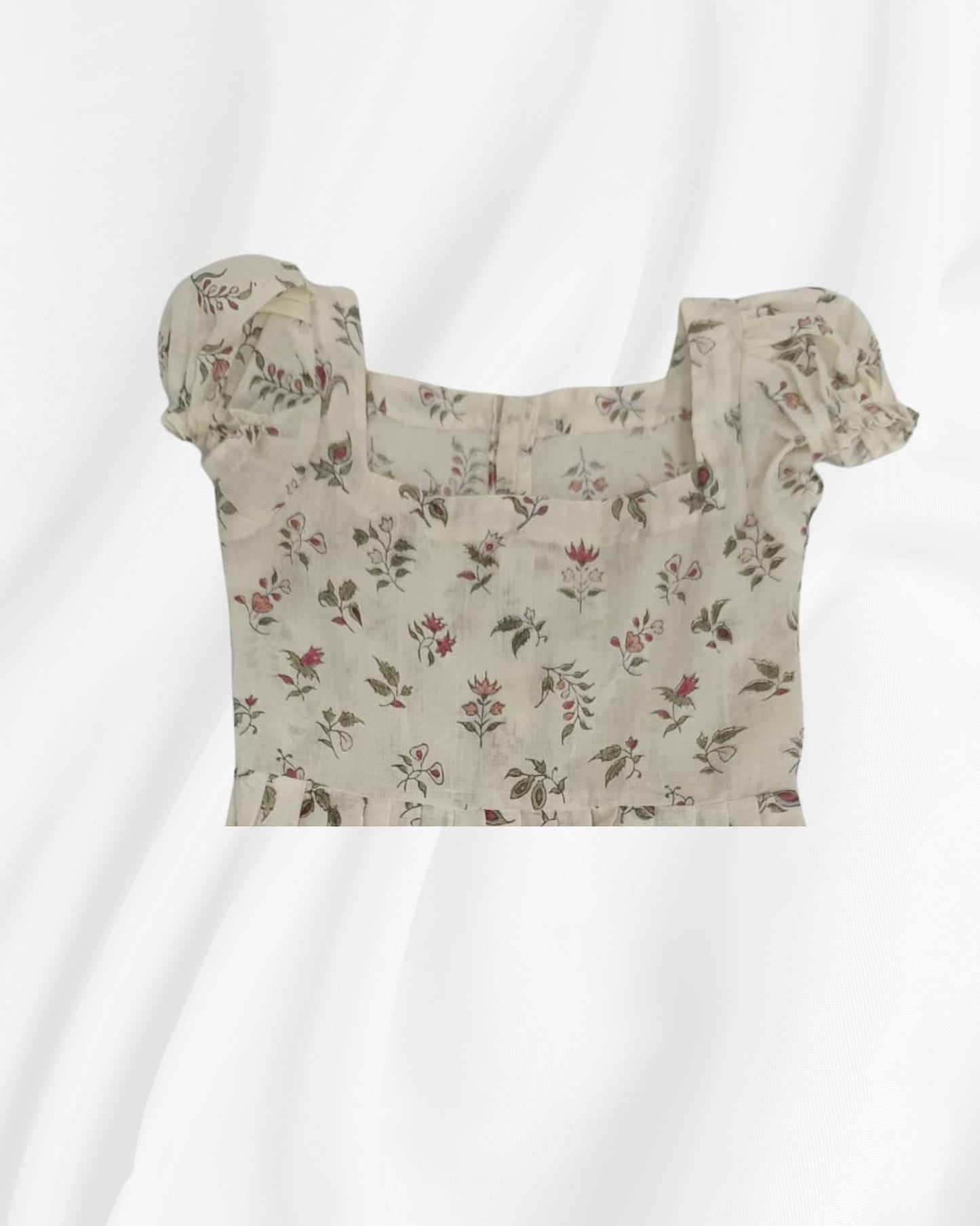 Floral Puff Sleeve Baby Girl Frock – Beige Cotton (3-6 Months)