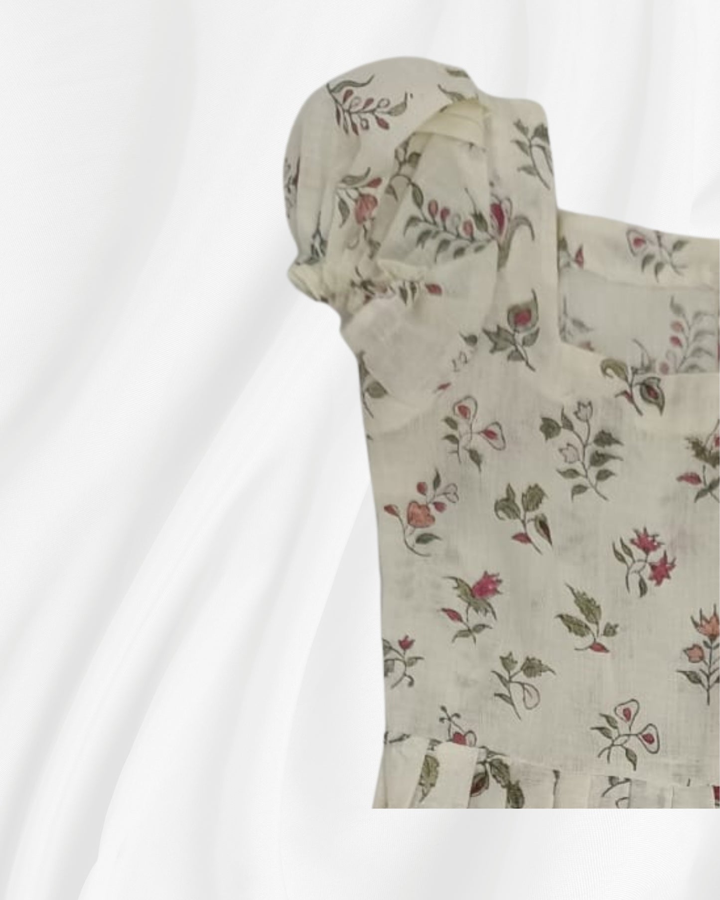 Floral Puff Sleeve Baby Girl Frock – Beige Cotton (3-6 Months)