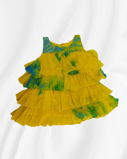 Yellow Ruffle Tie-Dye Baby Dress – Georgette Party Wear (3-6 Months)