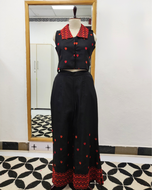 Black  Red Kutch Work Co-ord Set – Vest Coat & Wide-Leg Bottoms