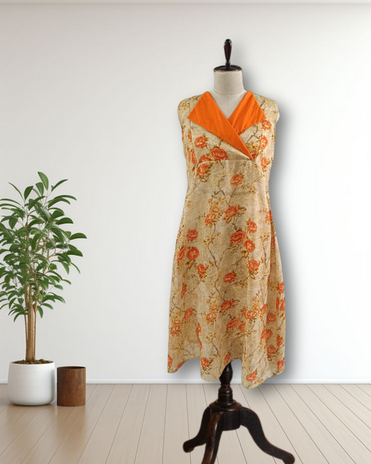 Floral Beige and Orange Synthetic Dress