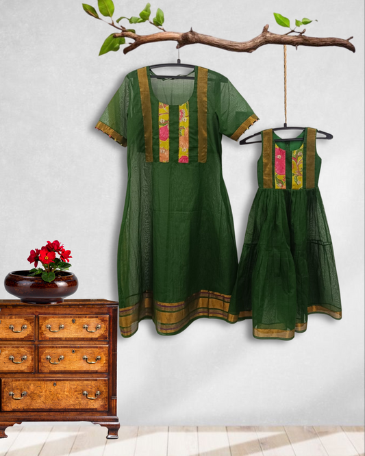 Mom & Daughter Duo Set – Green Narayanpet with Silk applique work