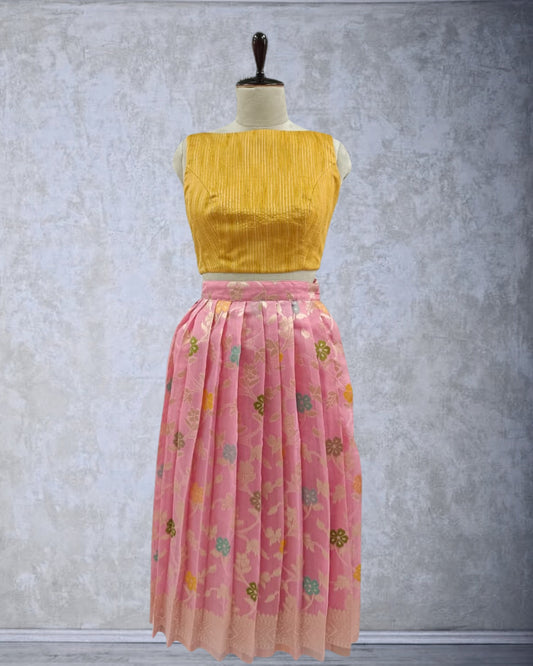 Girls Lehenga Set with Jute Blouse, Banaras Skirt &amp; Chiffon Dupatta (Age 11–14 Years)