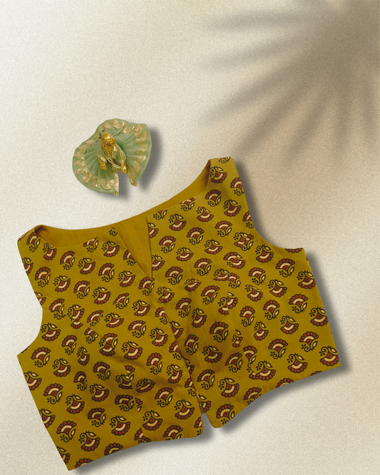 Mustard Yellow Handblock Cotton Blouse – High Back Neck with Front Zip | Size M (Alterable up to XL)