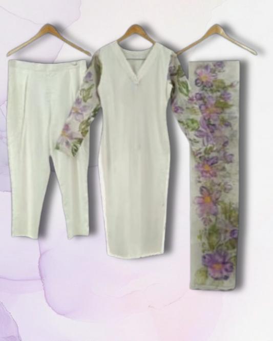 Moonga Silk Suit Set with Hand-Painted Organza Dupatta
