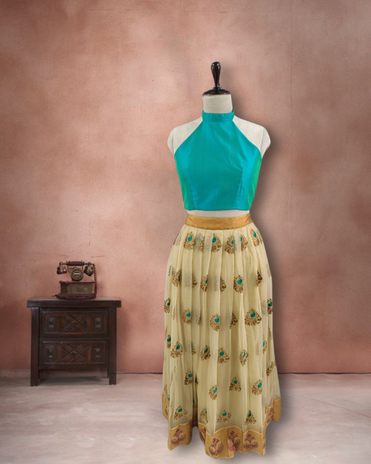 Teal Crepe Blouse with Fancy Net Lehenga Set