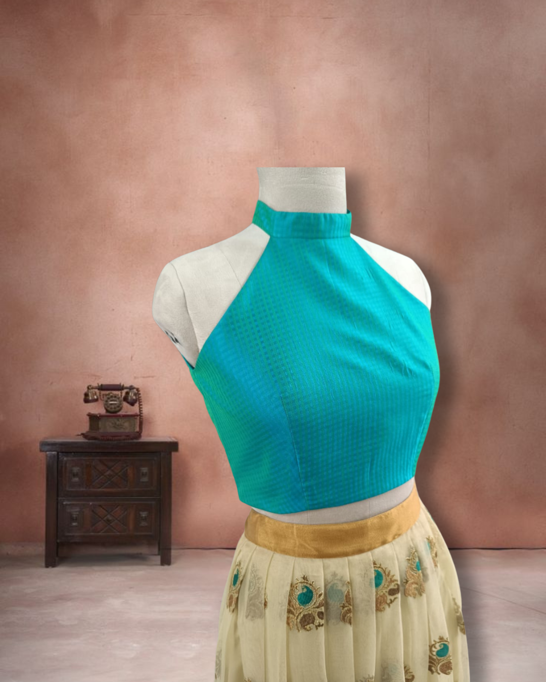Teal Crepe Blouse with Fancy Net Lehenga Set