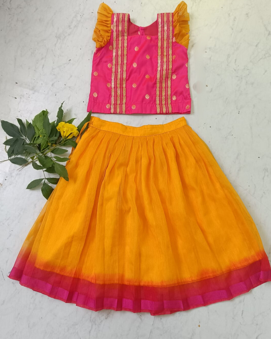 Pink Silk Blouse with Yellow Jute Lehenga Set