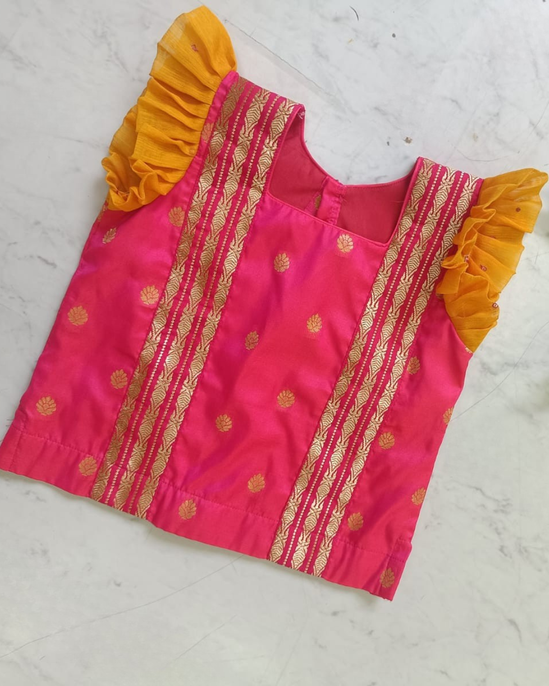 Pink Silk Blouse with Yellow Jute Lehenga Set