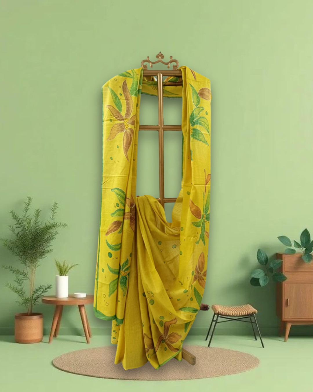 Sunny Yellow Munga Silk Saree with Handpainted Floral Design