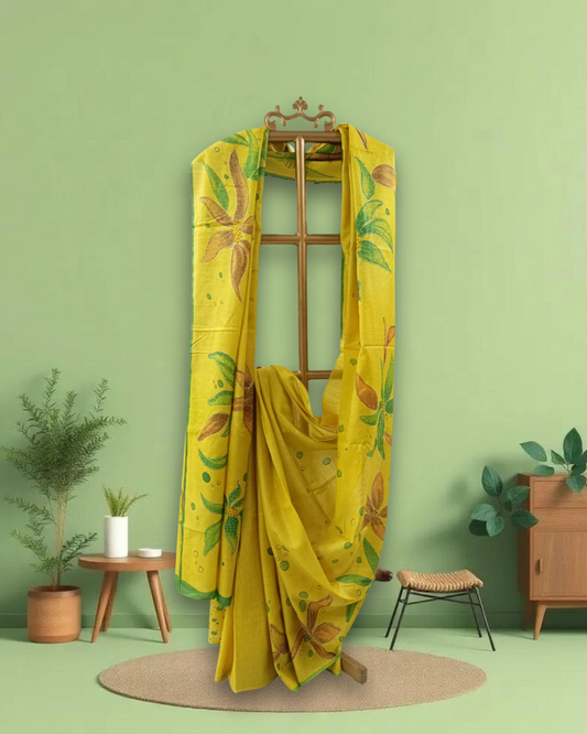Sunny Yellow Munga Silk Saree with Handpainted Floral Design