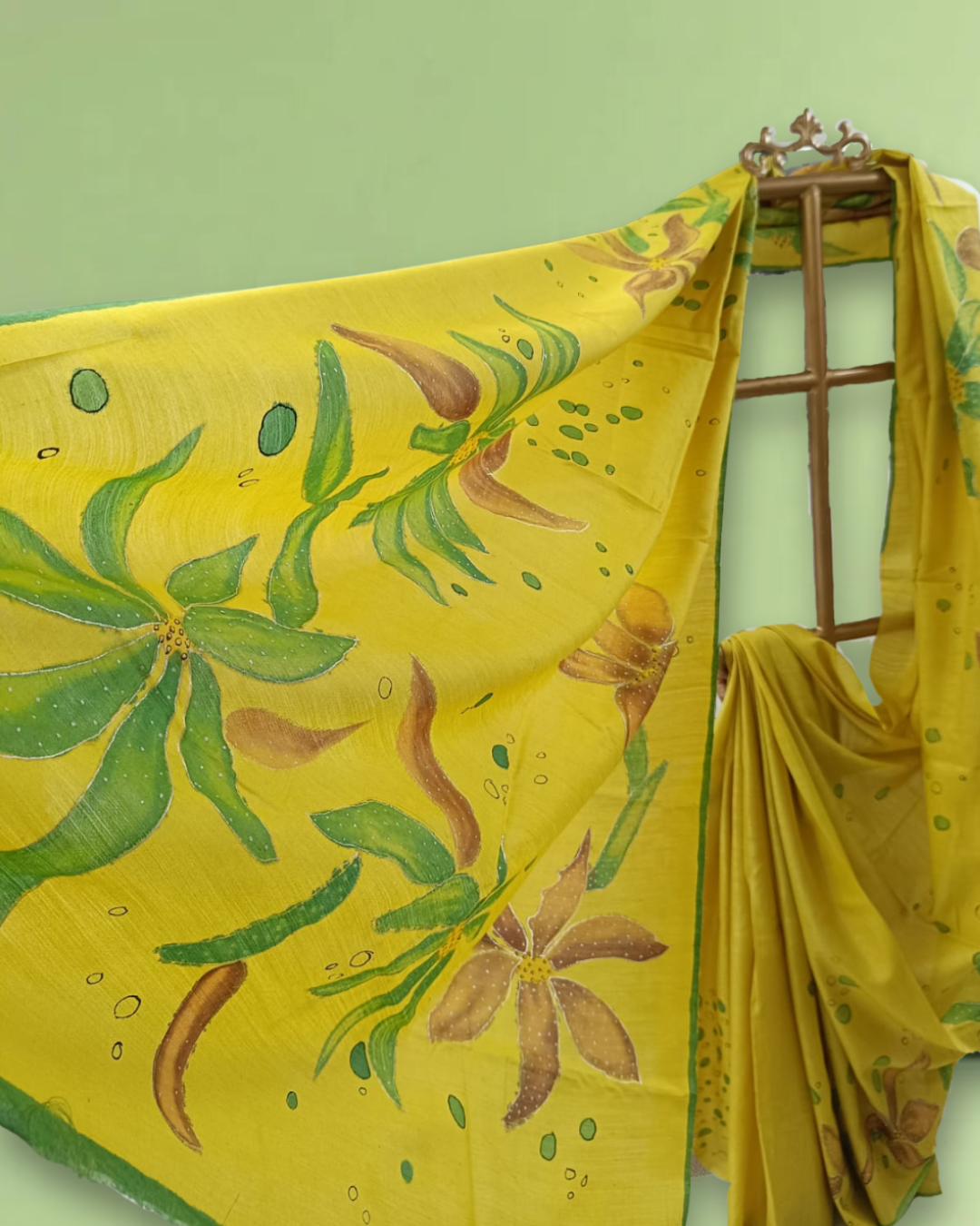 Sunny Yellow Munga Silk Saree with Handpainted Floral Design