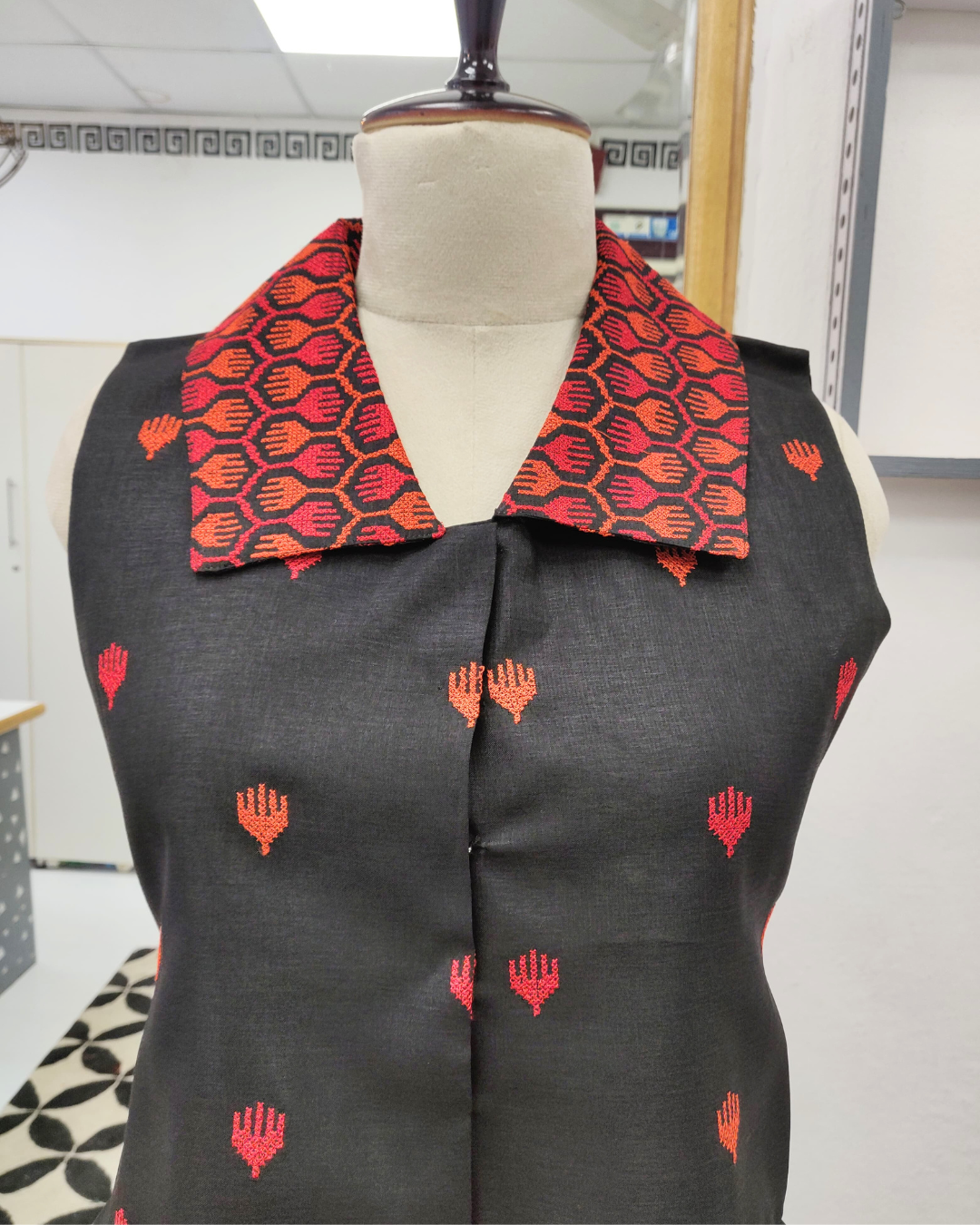 Black  Red Kutch Work Co-ord Set – Vest Coat & Wide-Leg Bottoms