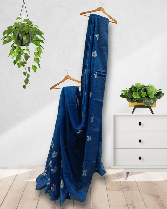 Midnight Blue Matka Silk Saree with Silver Floral Motifs