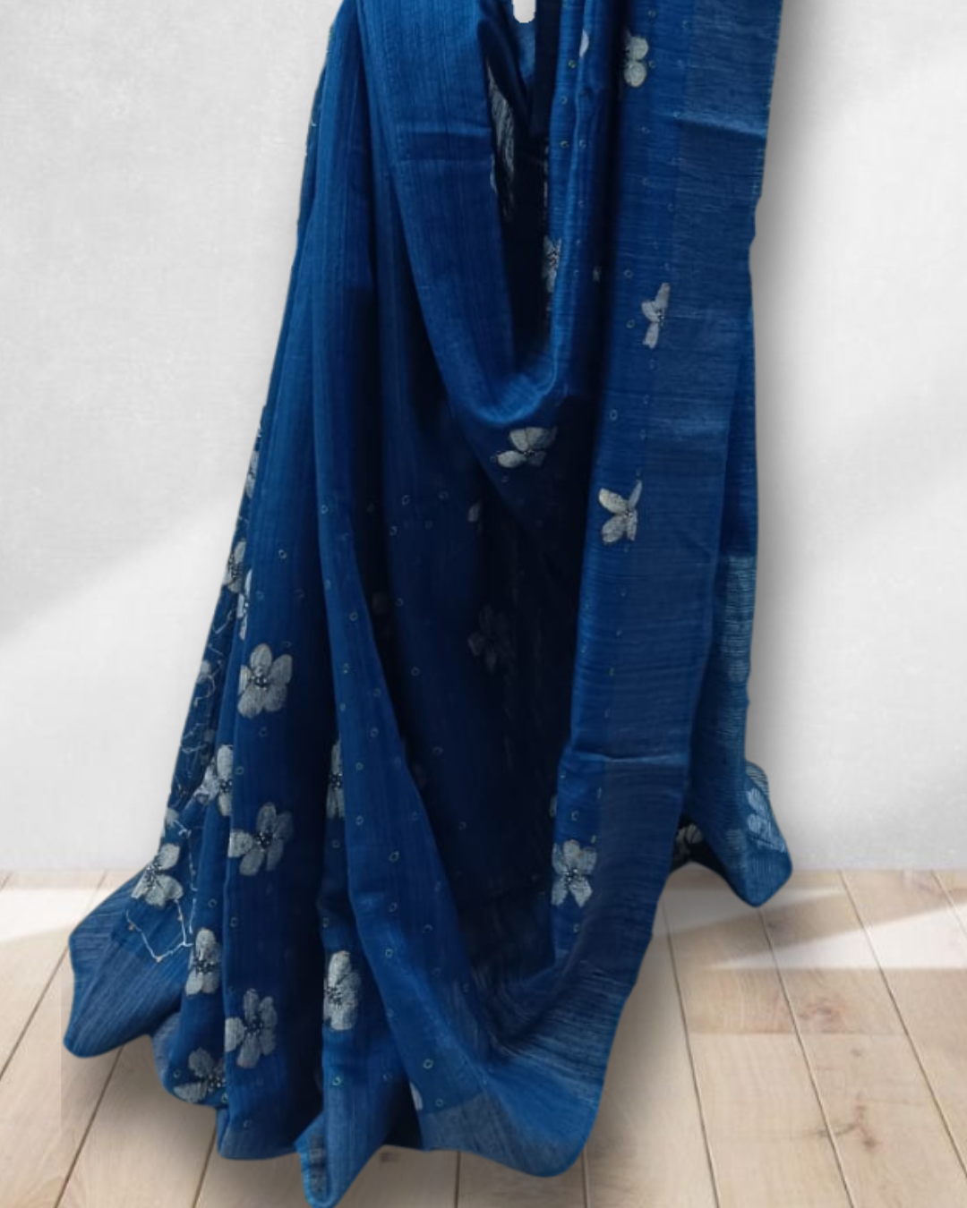 Midnight Blue Matka Silk Saree with Silver Floral Motifs